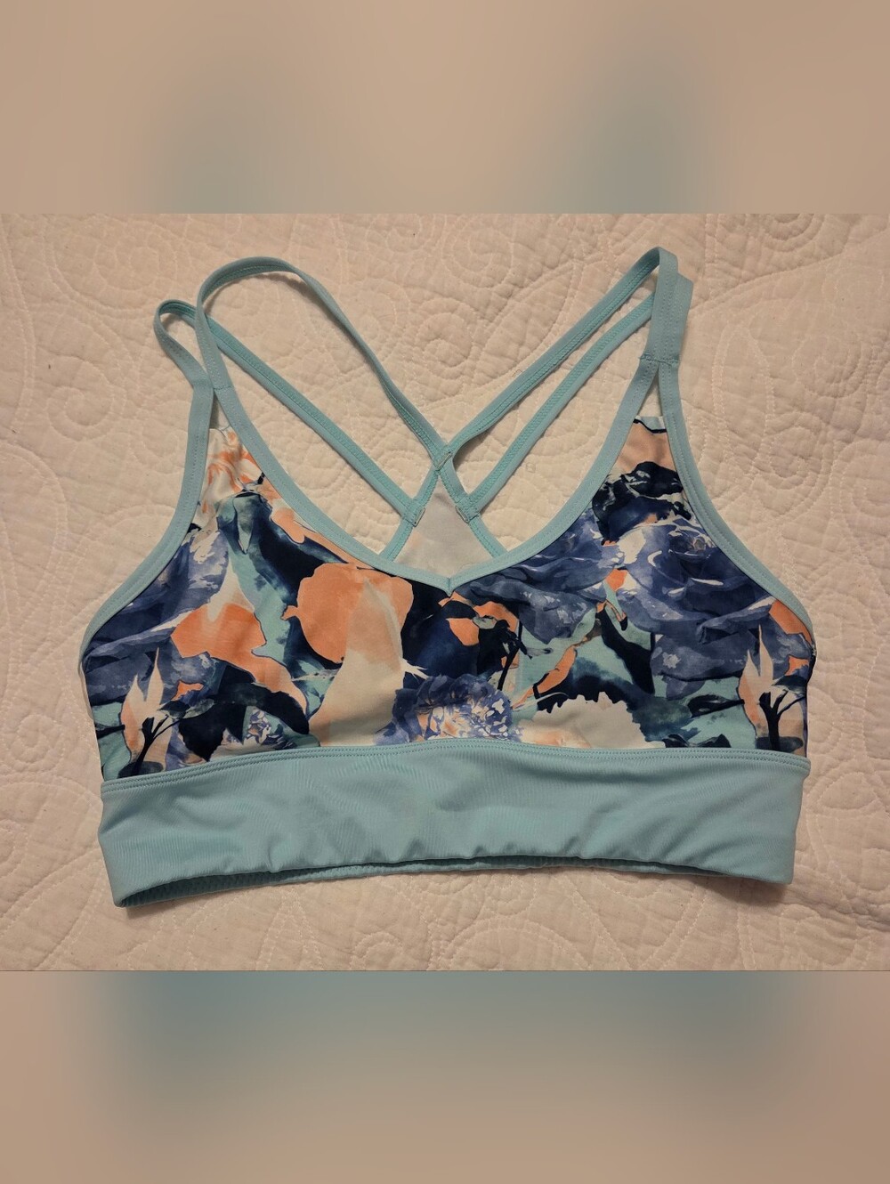 Marika Light Blue Floral Strappy Bikini Top. Size M